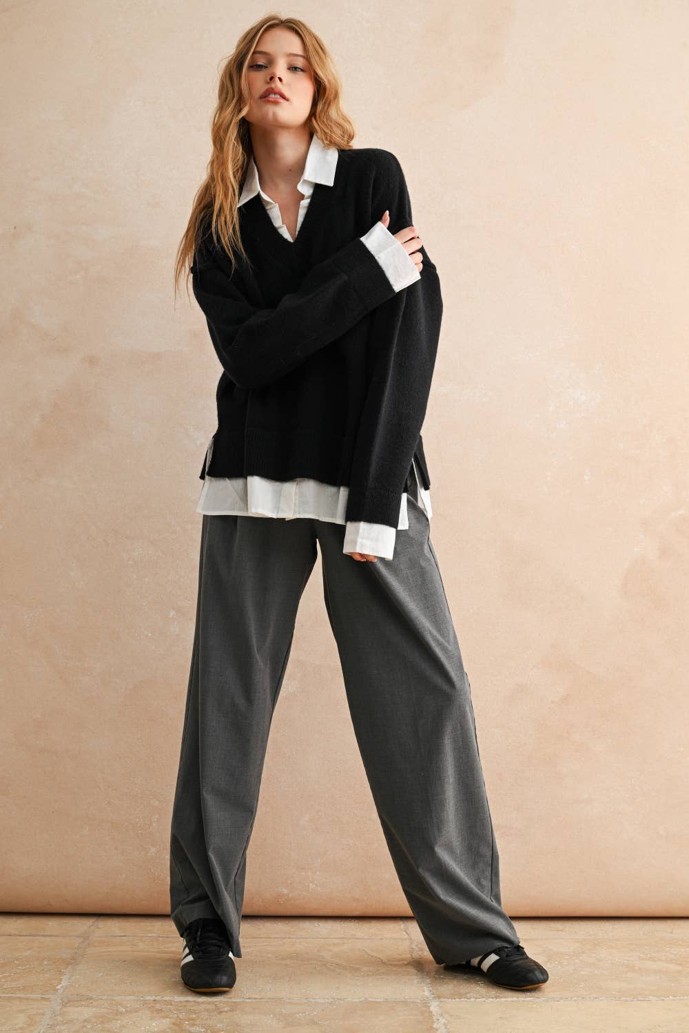 Sweater and Shirt Combo V-Neck Top