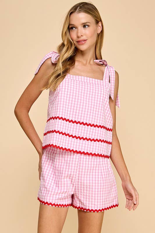 Gingham Contrast Ricrac Detail Top