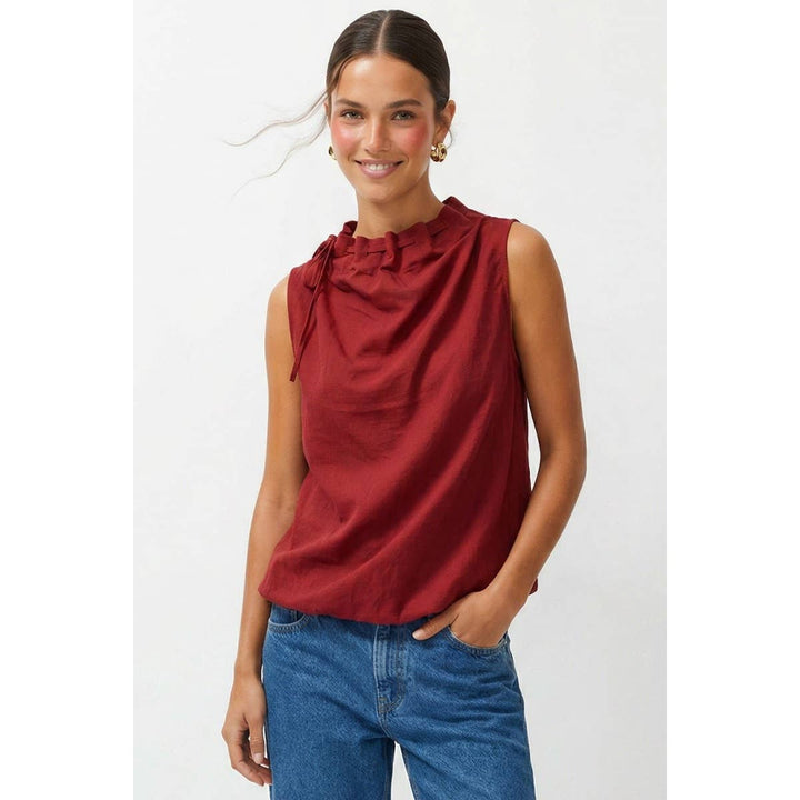 Cinched Mock Neck Sleeveless Top