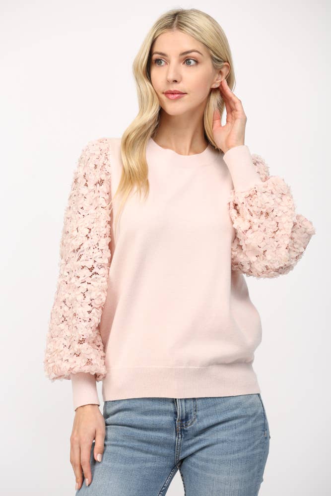 Contrast 3D Floral Lace Sleeve Crew Neck Sweater