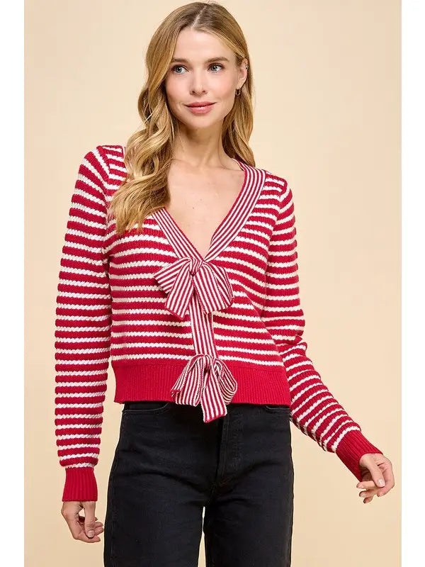 Neckline Front Bow Detail Striped Sweater