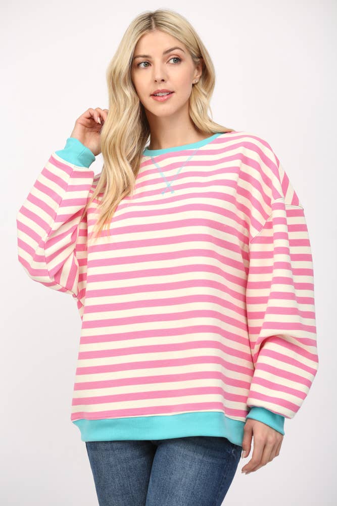 Pink and White Stripe Top With Aqua Trim