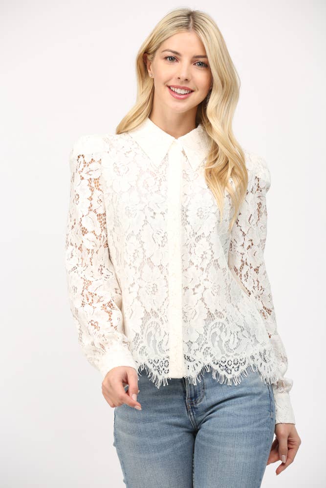 Scallop Edge Lace Button Down Blouse