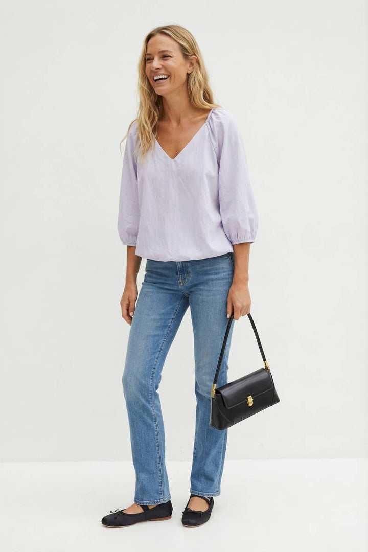 Elastic Puff Sleeve V-neck Blouse