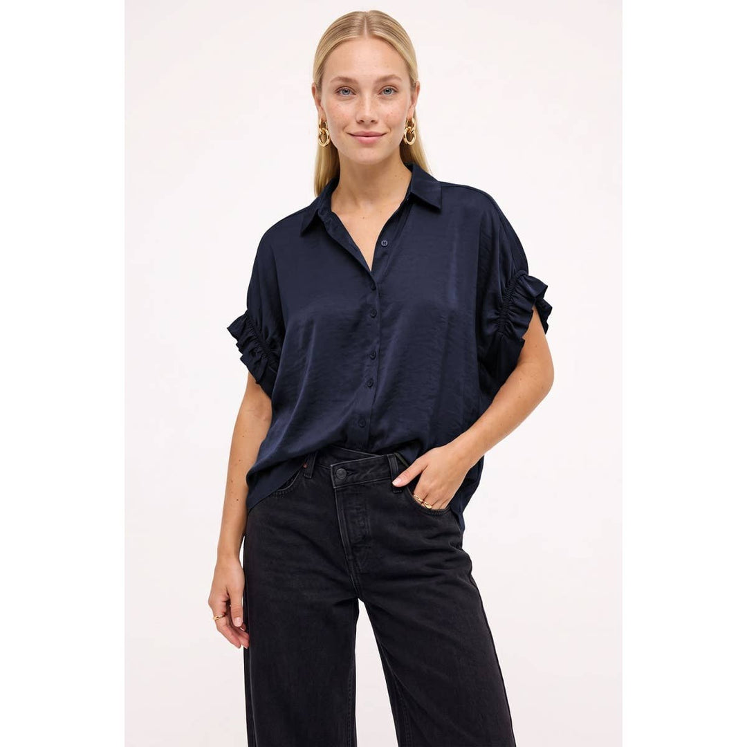 Short Ruffle Sleeve Button-up Blouse