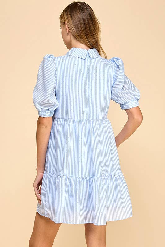 Striped Collard Shirt Dress With Rhinestones