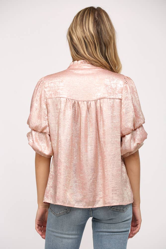 Foiled Woven Fabric Short Tiered Sleeve Blouse