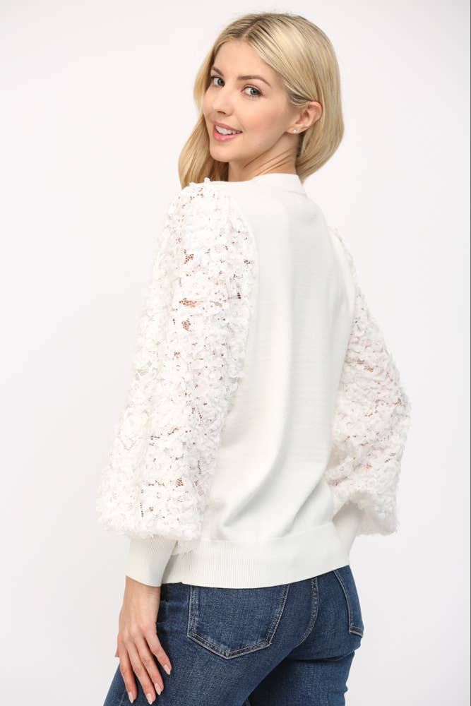 Contrast 3D Floral Lace Sleeve Crew Neck Sweater