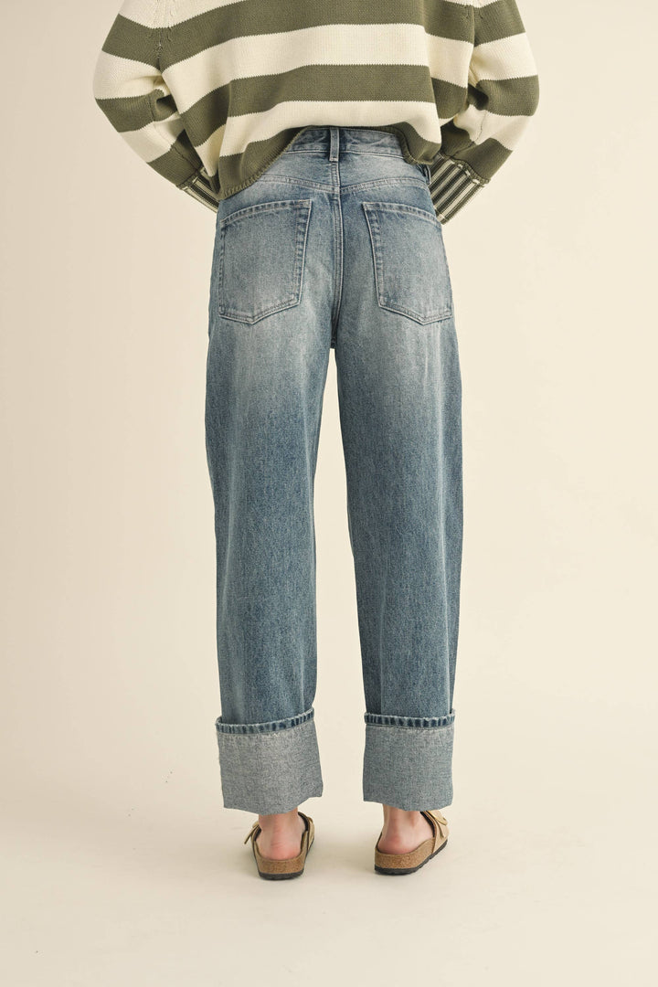 Straight Leg Cuffed Hem Denim Pants