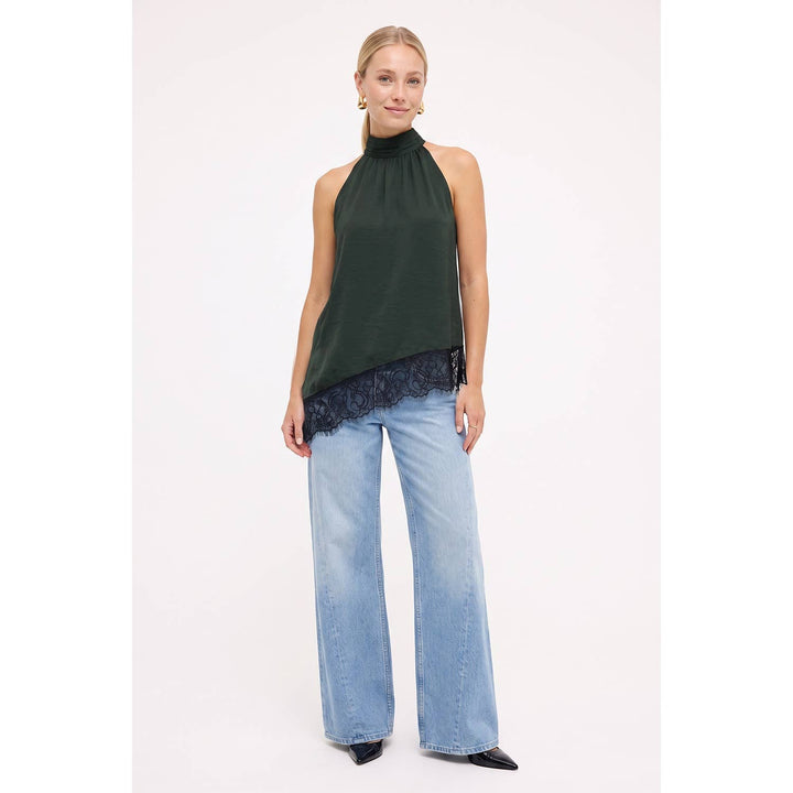 Asymmetrical Lace Trim Mock Neck Halter Top
