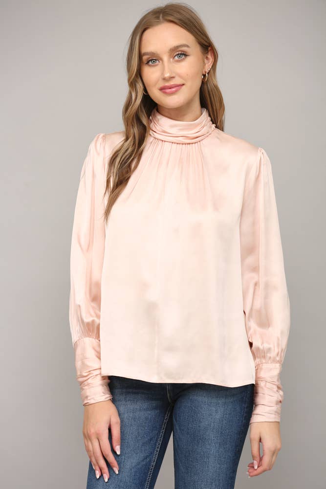 High Collar Ruched Sleeve Blouse