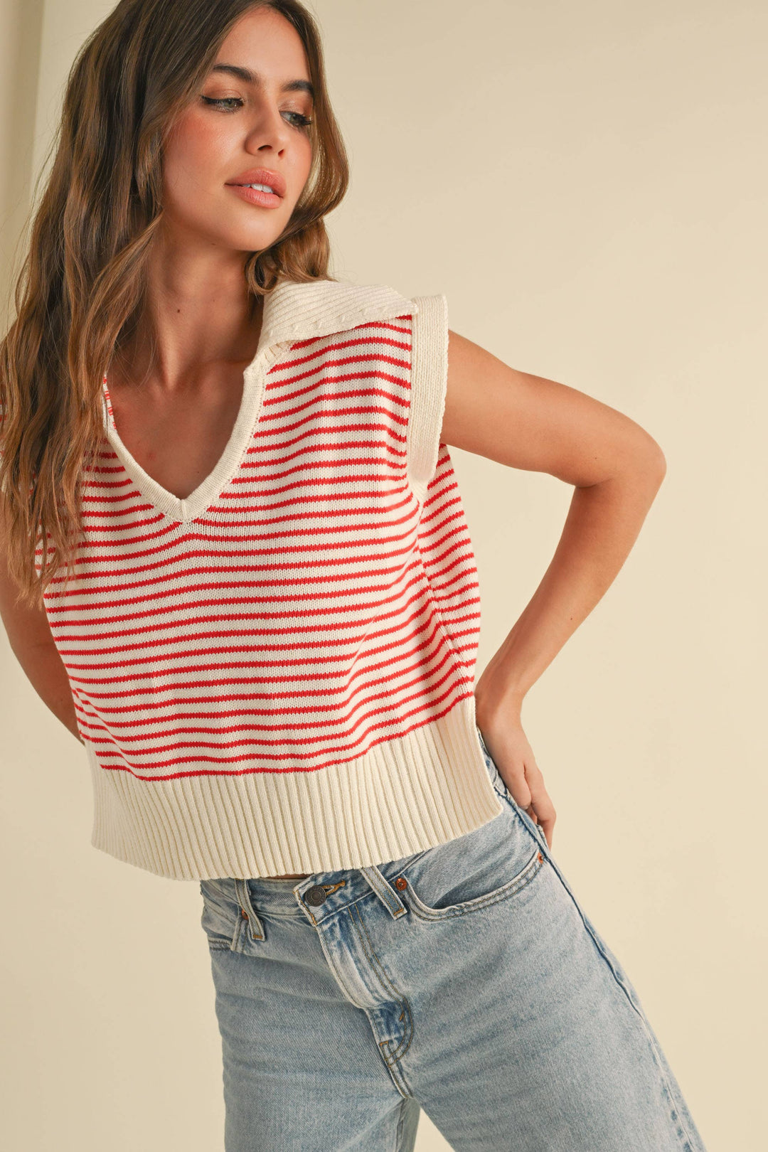 V-Neck Stripe Collar Knitted Top