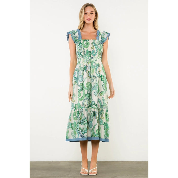 Smocked Flutter Sleeve Paisley Print Maxi Dress