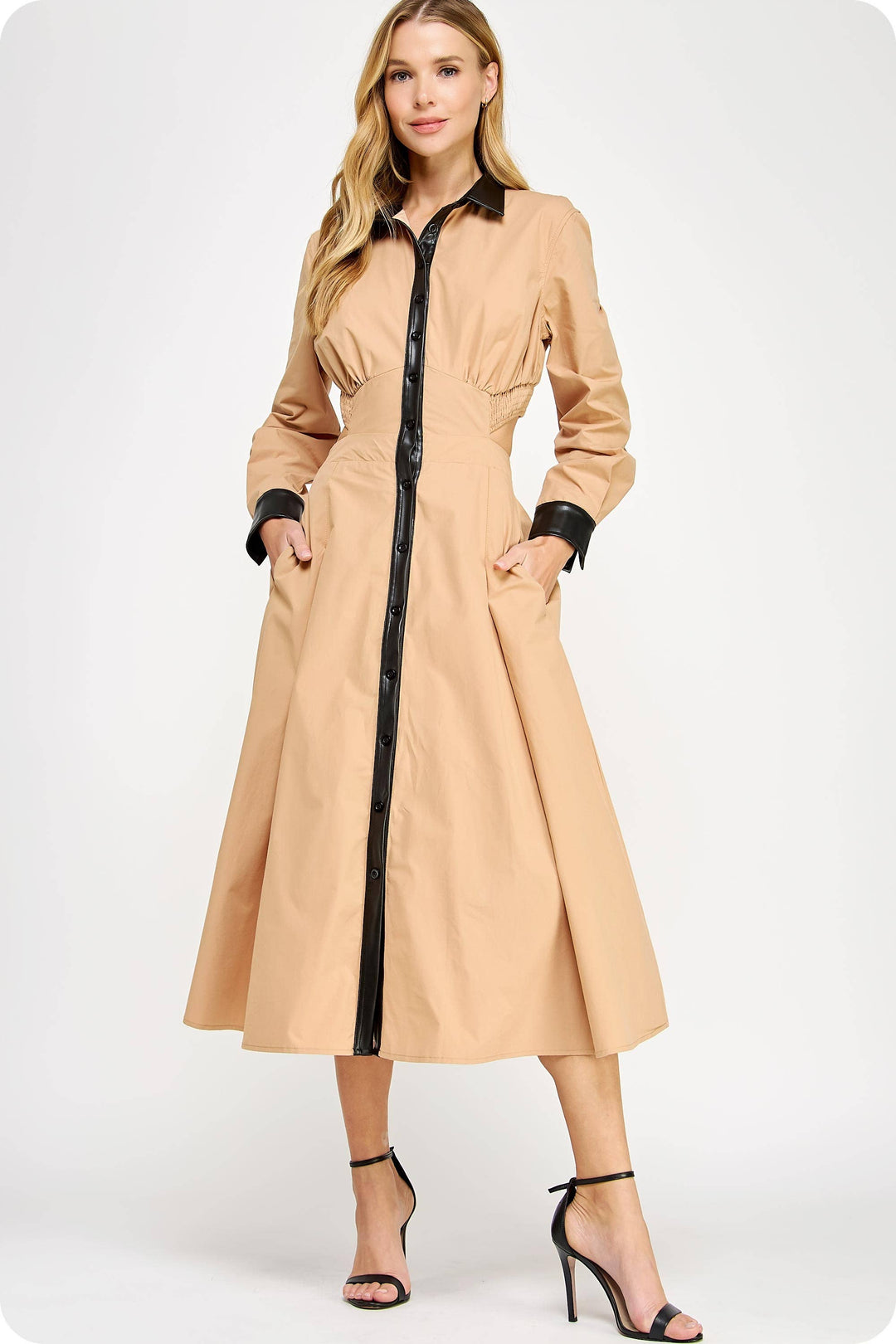 Faux Leather Contrast Poplin Long Shirt Dress