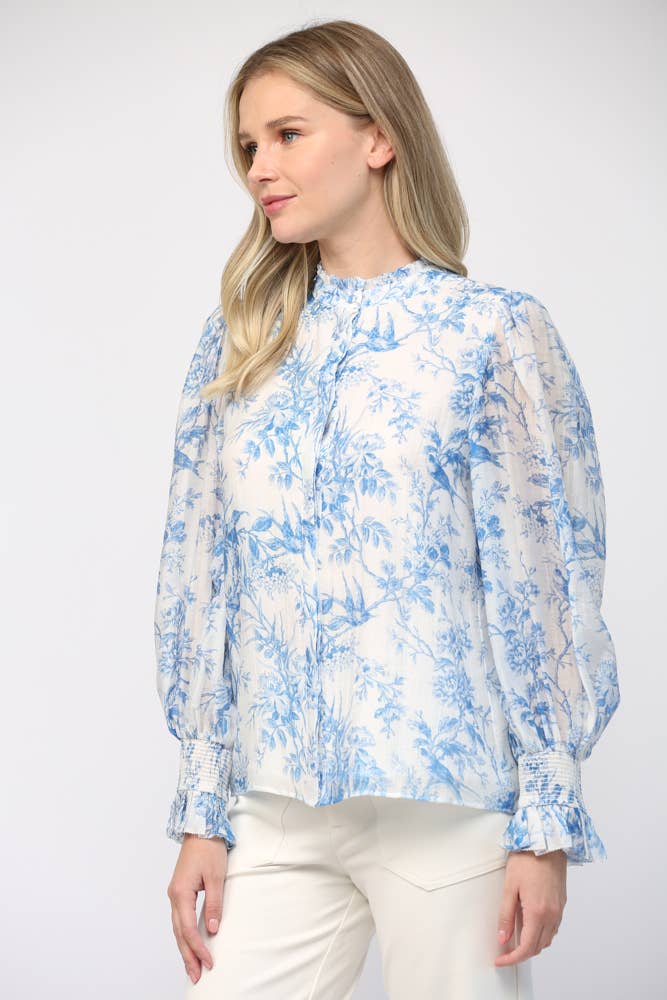 Printed Tencel Blend Ruffle Neck Blouse