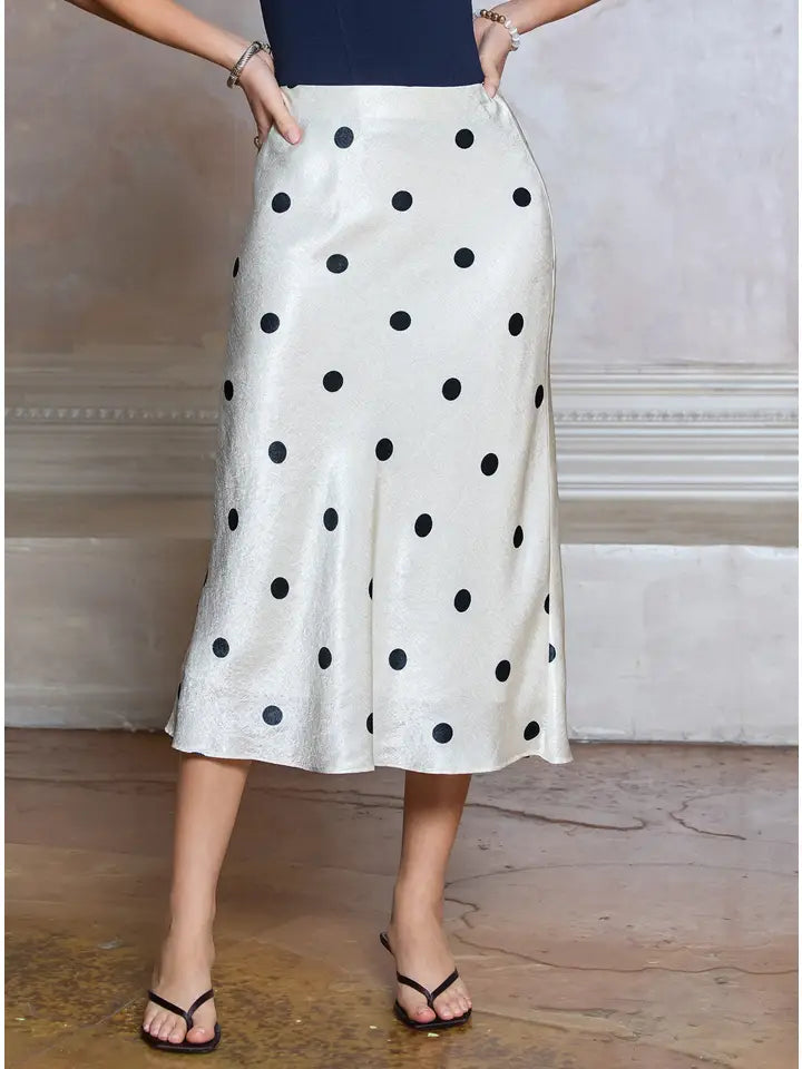 Polka Dot Elasticized Waist Bias Midi Skirt