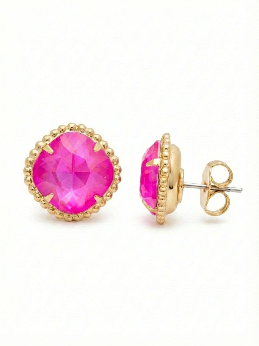 Sorrelli Hot Pink and 10K Gold Cushion-Cut Solitaire Stud Earrings