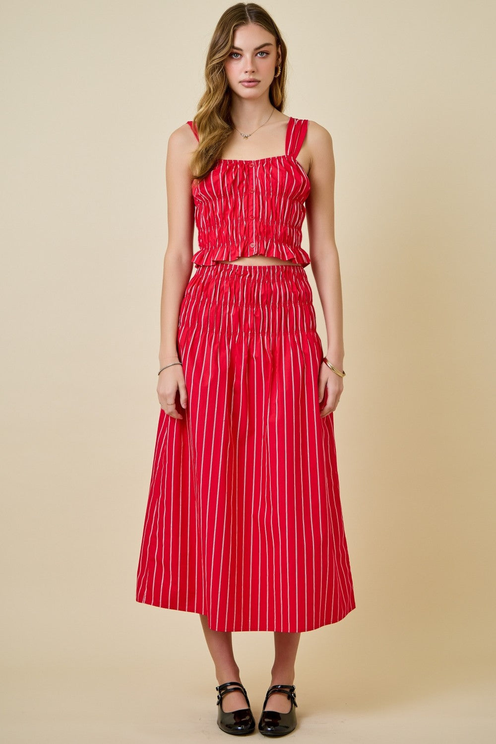Striped Poplin Flowy Midi Skirt With Smocked Waist