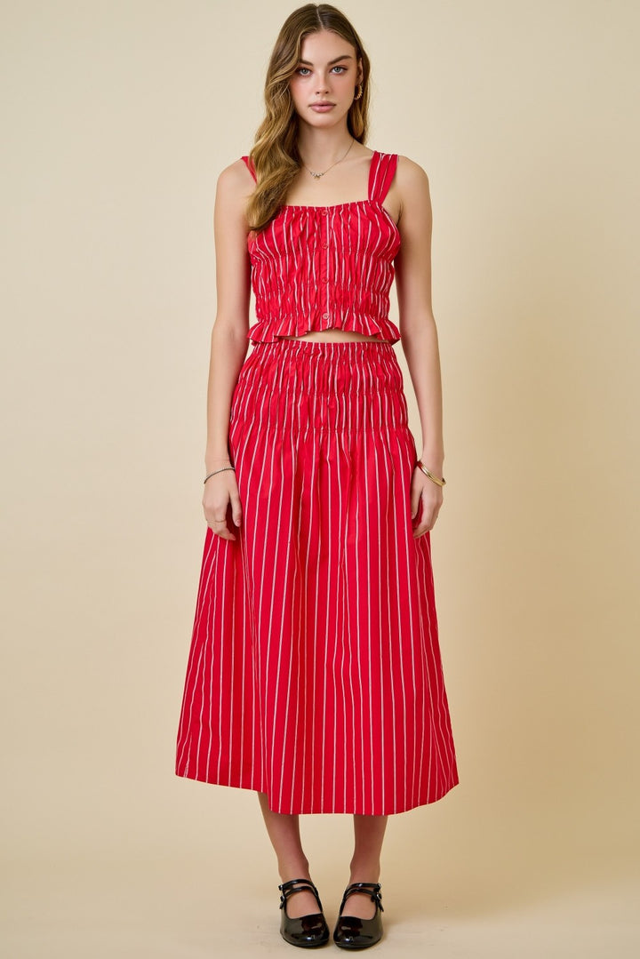 Striped Poplin Flowy Midi Skirt With Smocked Waist