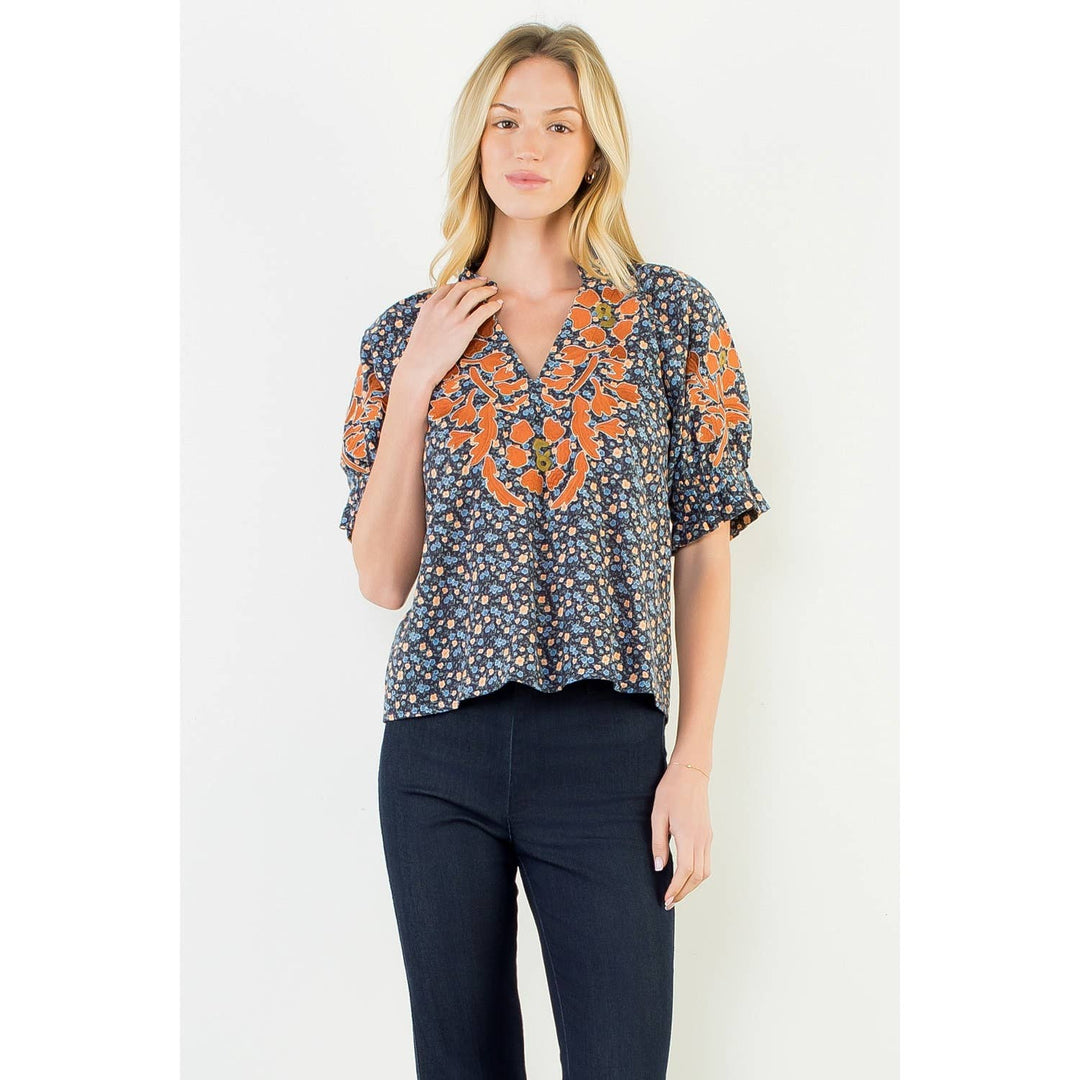 Floral Print Top With Embroidery