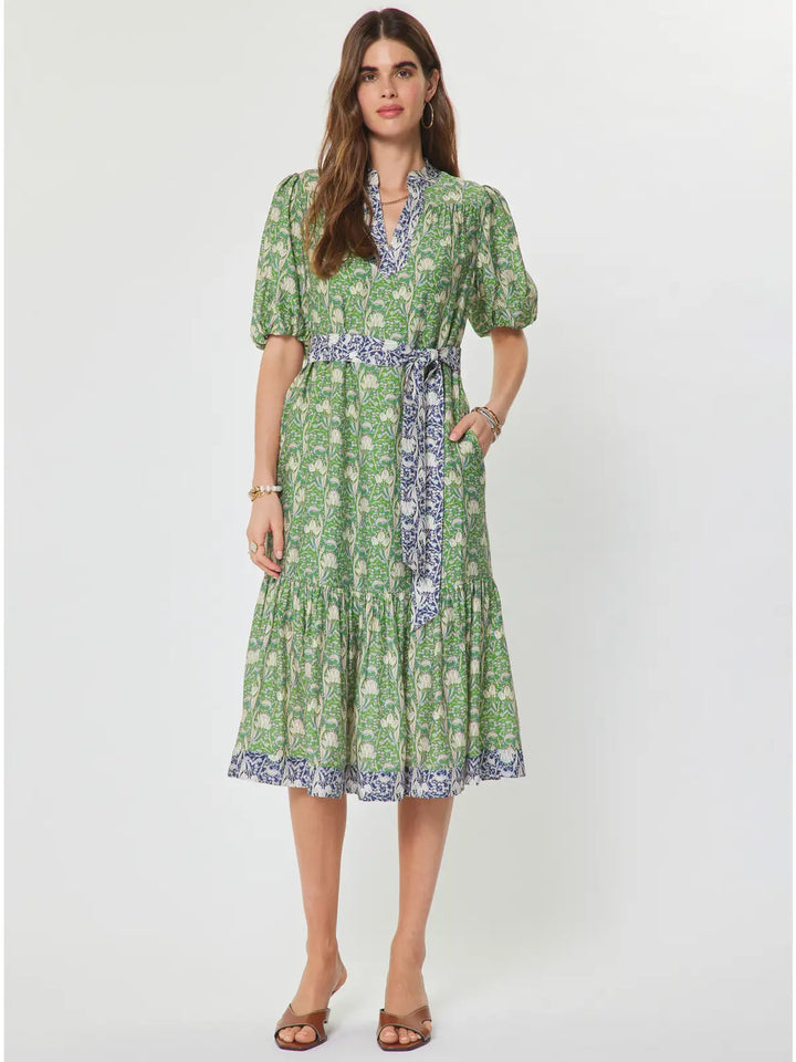 Floral Printed Puff Short Sleeve Midi Dress