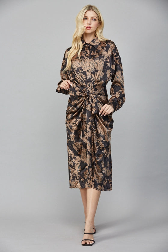 Print Satin Front Tie Midi Dress