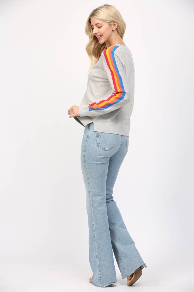 Multi Color Stripe On Sleeve Crew Neck Sweater