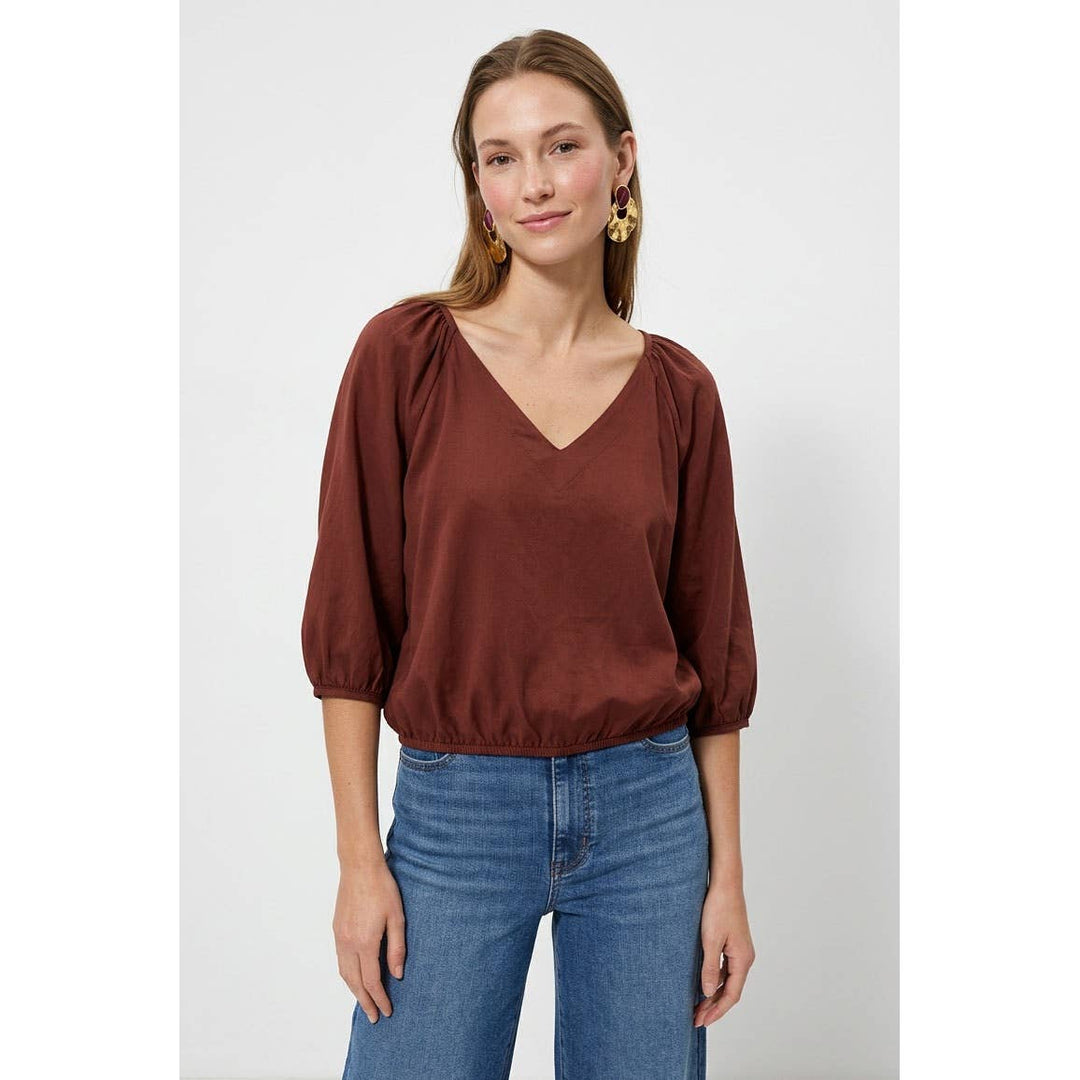 Elastic Puff Sleeve V-neck Blouse