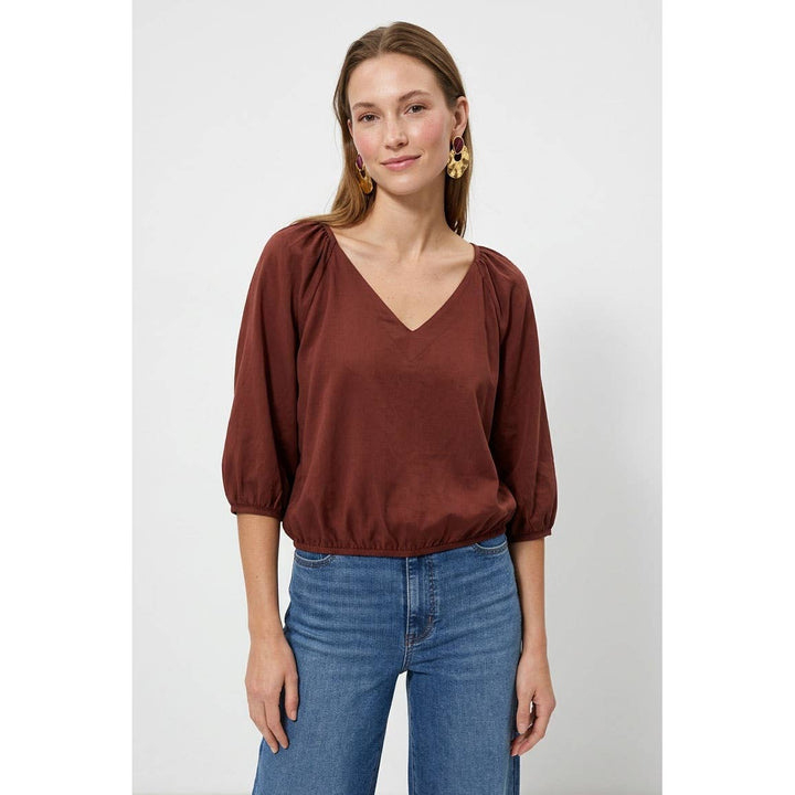Elastic Puff Sleeve V-neck Blouse