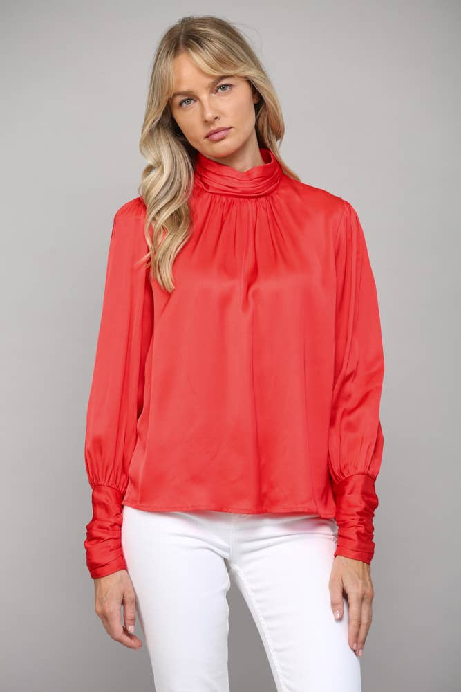 High Collar Ruched Sleeve Blouse