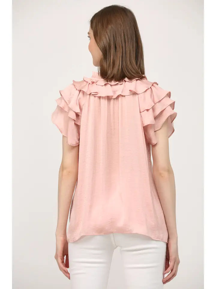 Ruffled Neck with 3-LAYERS Sleeve Ruffles Woven Top