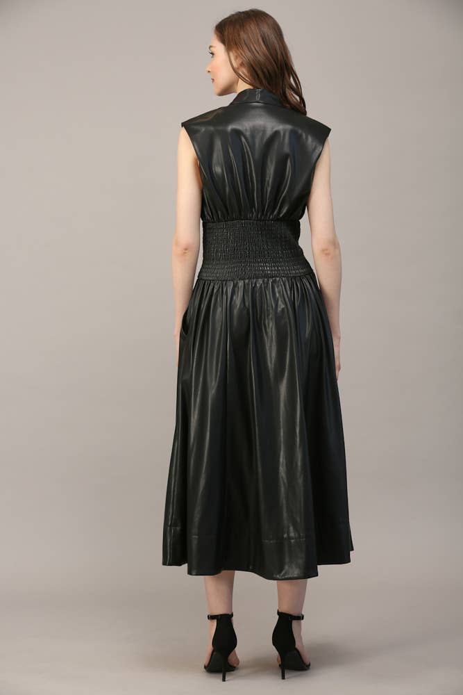 Smocked Waist Zip Front Faux Leather Dress