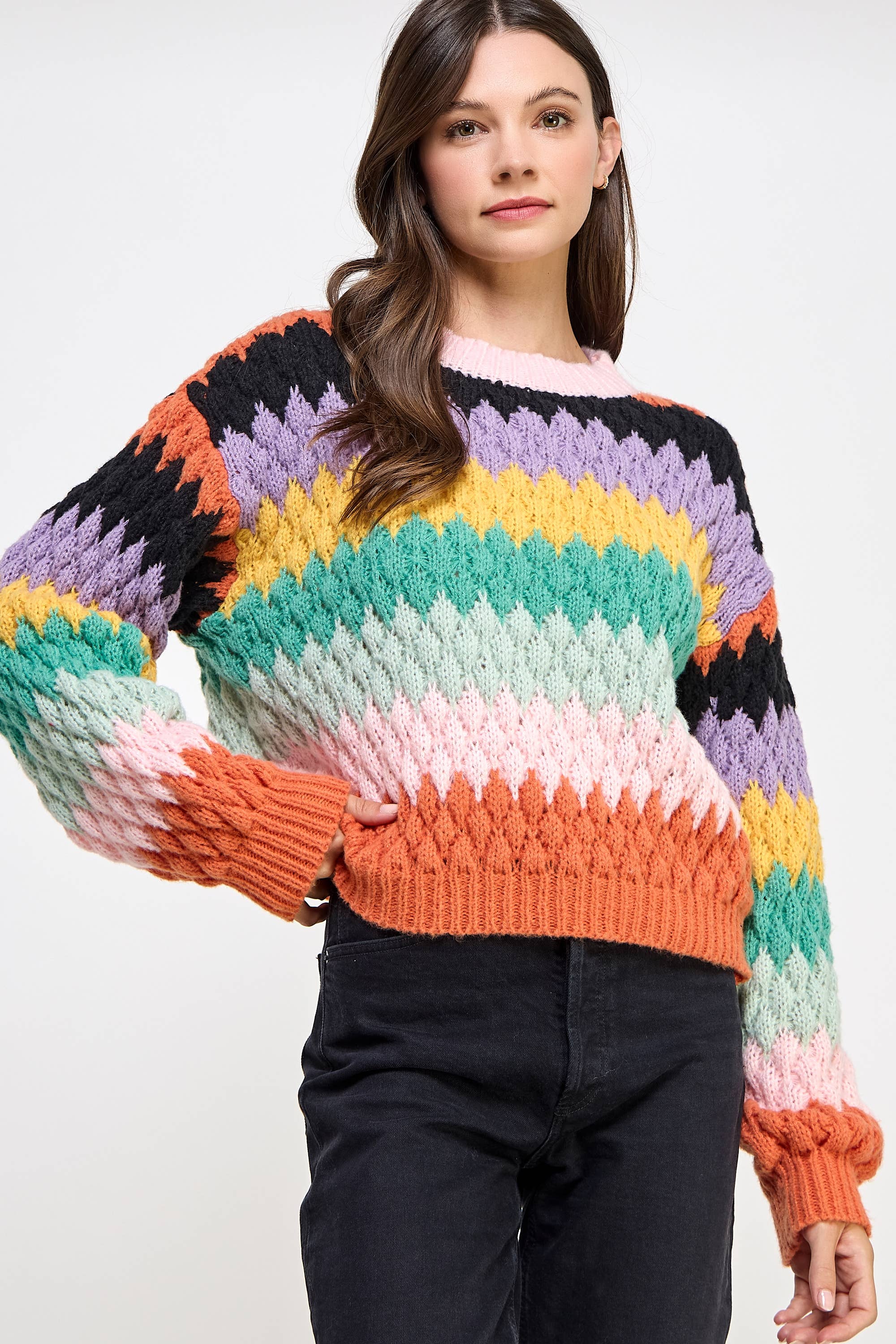 Honeycomb Textured Color Block Sweater – Glow