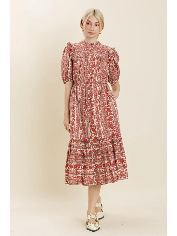 Red Floral Ruffle Midi Dress