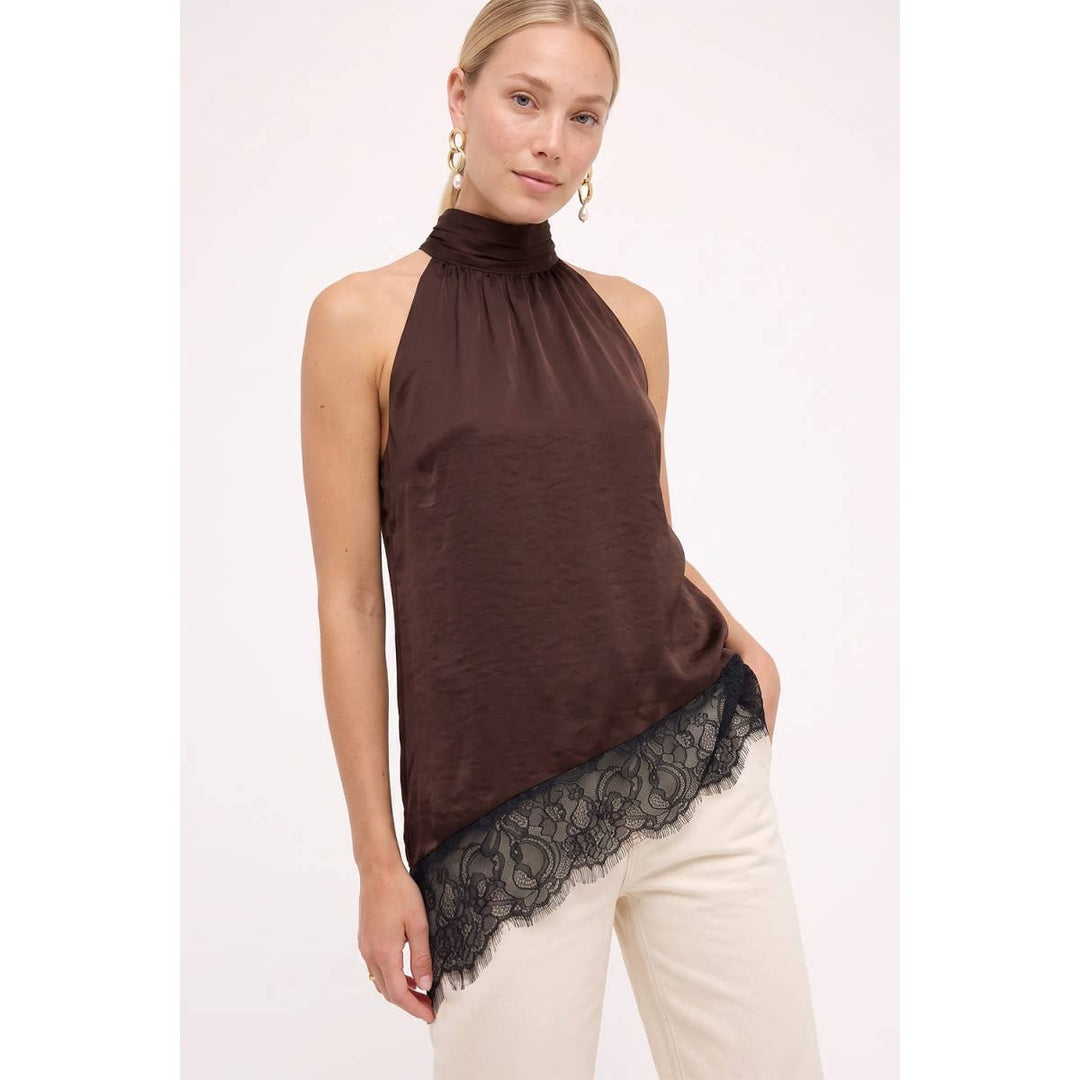 Asymmetrical Lace Trim Mock Neck Halter Top