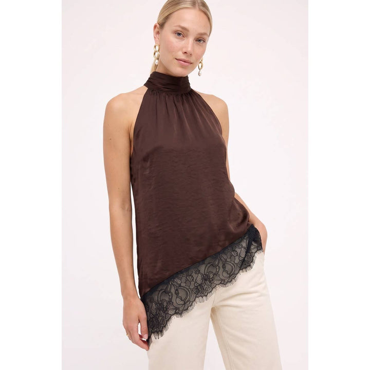 Asymmetrical Lace Trim Mock Neck Halter Top