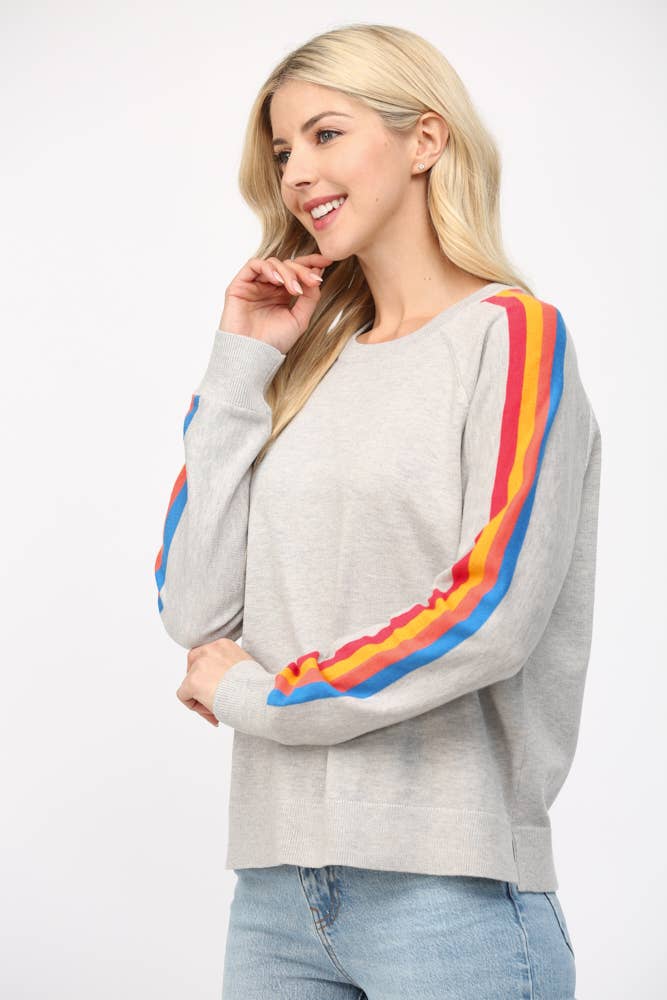 Multi Color Stripe On Sleeve Crew Neck Sweater