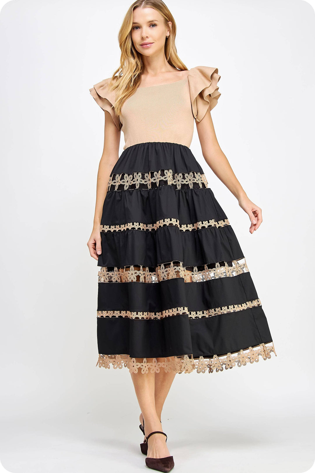 Mixed Media Lace Trim Detail Midi Dress