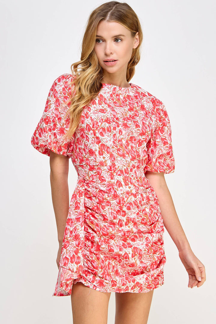 Ruched Short Puff Sleeve Floral Voile Mini Dress