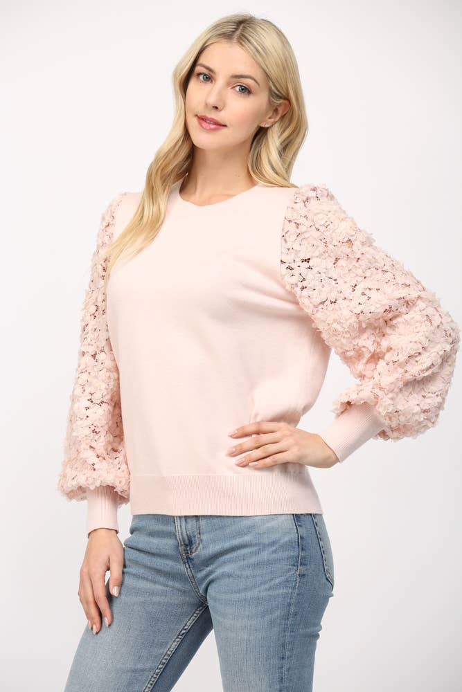 Contrast 3D Floral Lace Sleeve Crew Neck Sweater