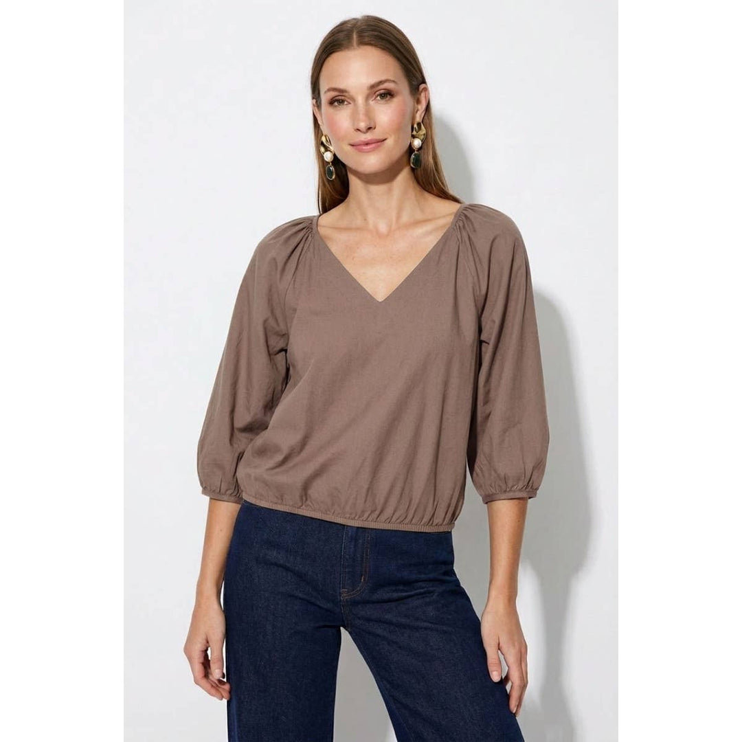 Elastic Puff Sleeve V-neck Blouse