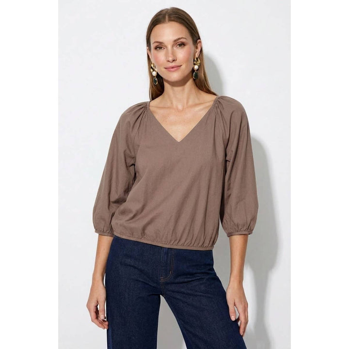 Elastic Puff Sleeve V-neck Blouse