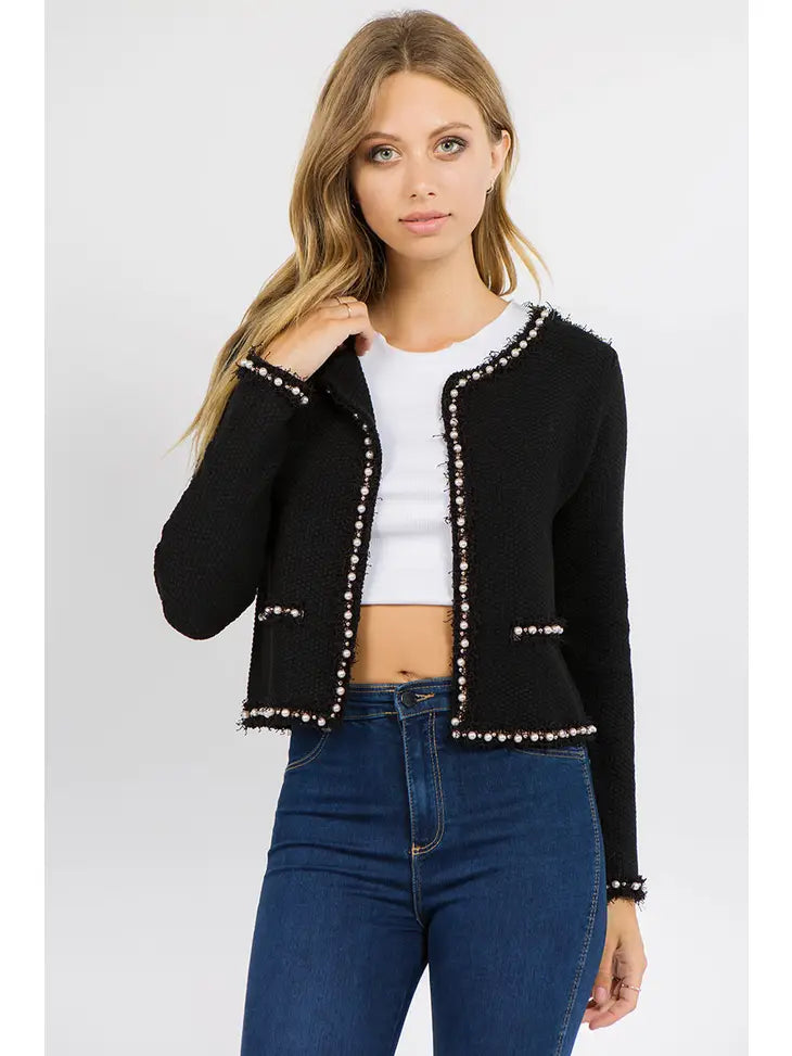 Josette Frayed Pearl Detail Textured Knit Jacket
