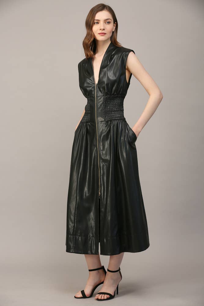 Smocked Waist Zip Front Faux Leather Dress