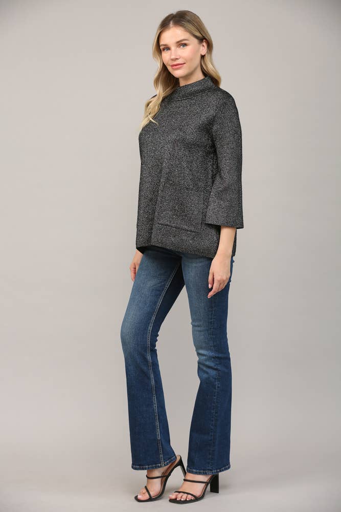 Glitter Yarn Front Pocket Detail Mock Neck Sweater