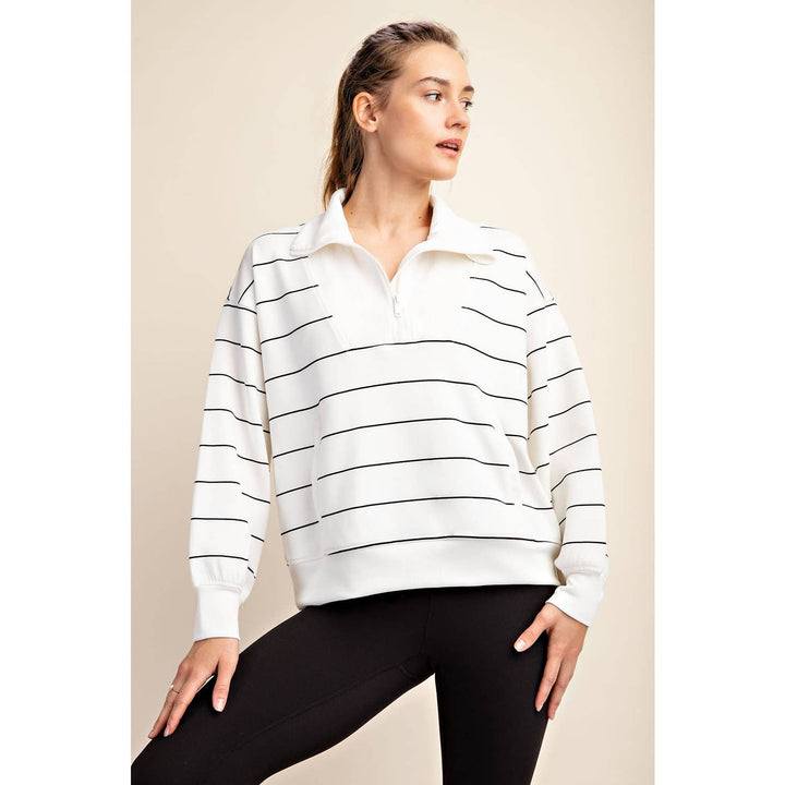 Modal Stripe Quarter Zip Mock Neck Pullover