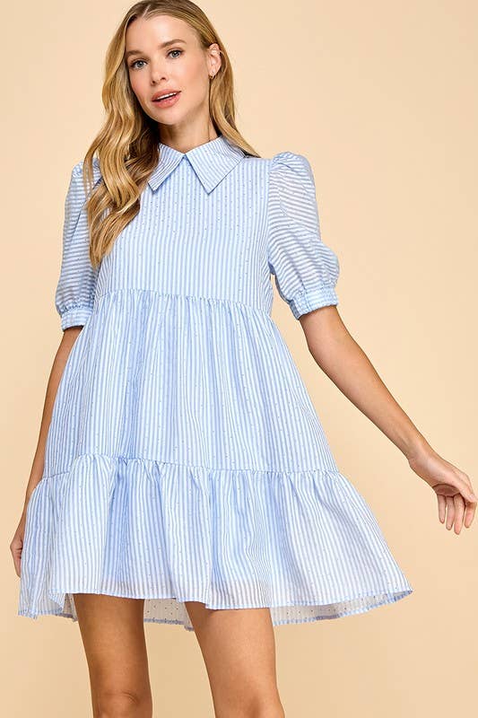 Striped Collard Shirt Dress With Rhinestones