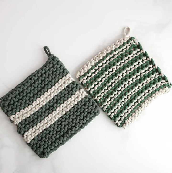 Double White  & Green Stripe Pot Holder Set