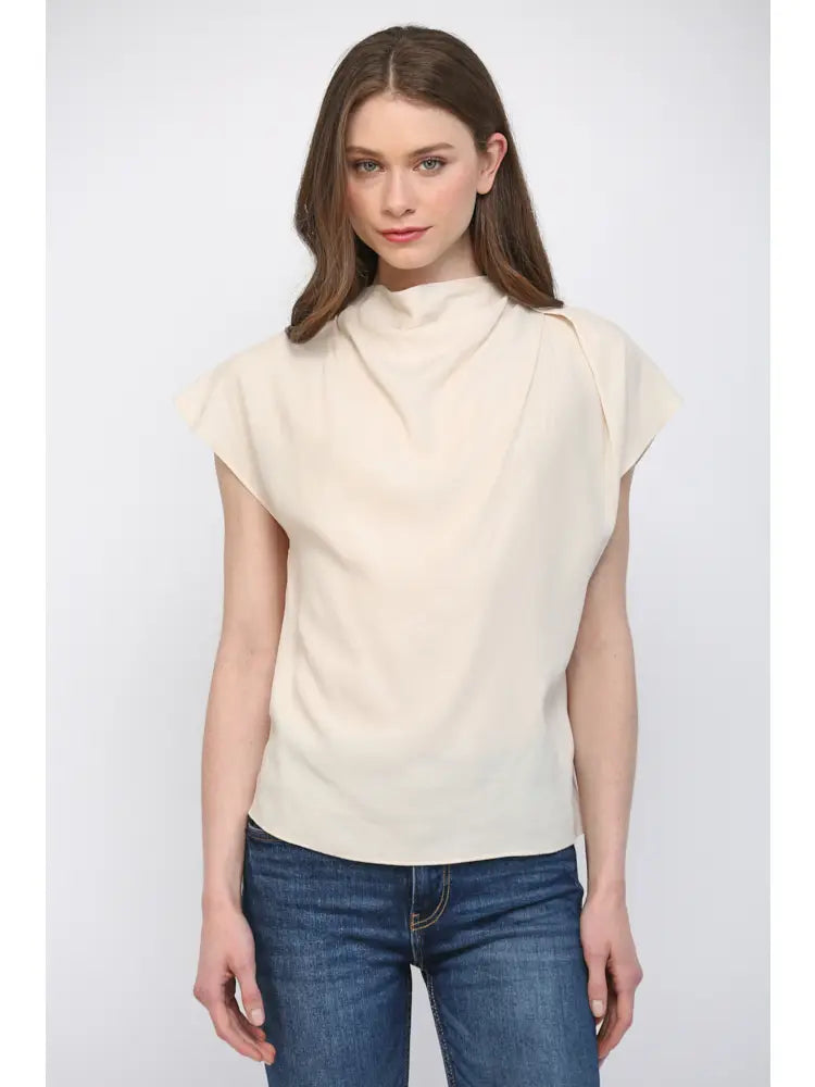 High Cowl Neck Cap Sleeve Tencel Blend Top