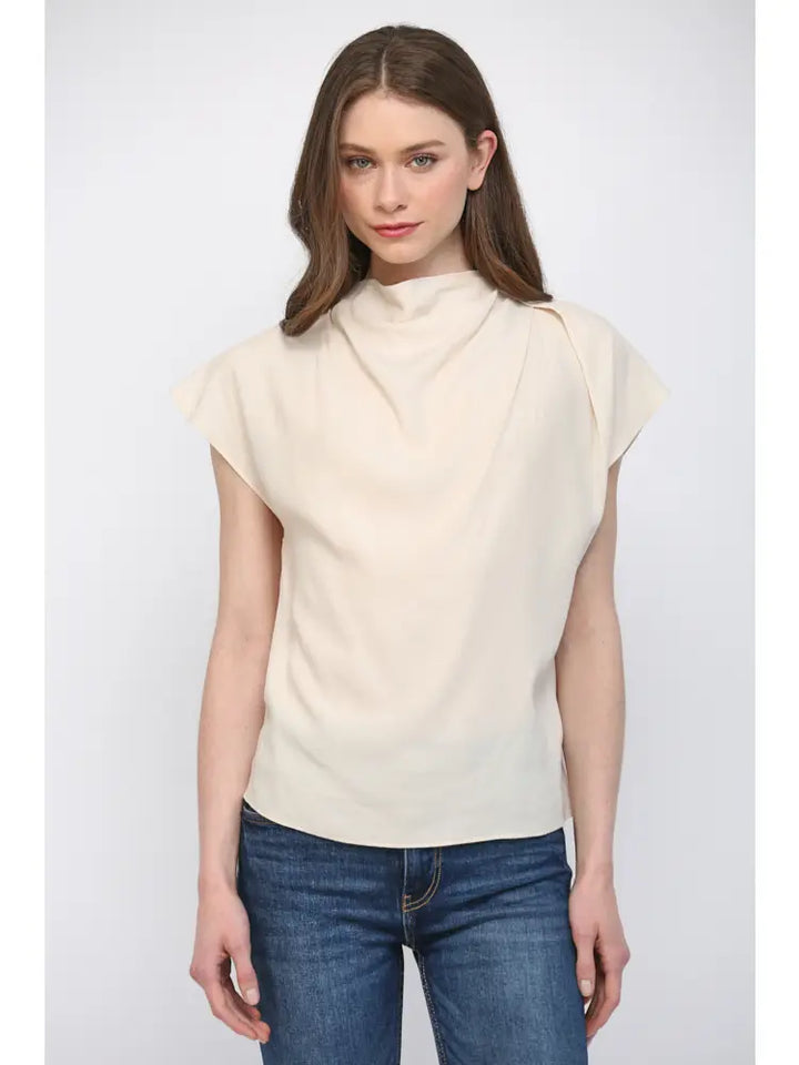 High Cowl Neck Cap Sleeve Tencel Blend Top